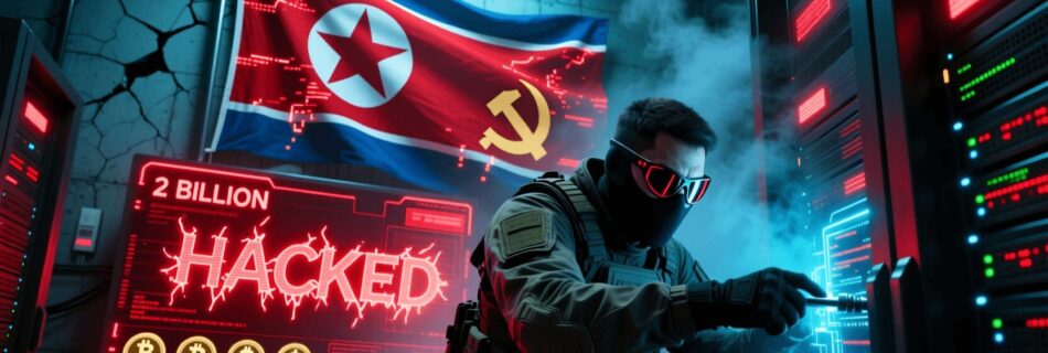 L'immagine mostra un simbolo con bandiera nordcoreana di hacker e di un hacker che ruba i dati.
