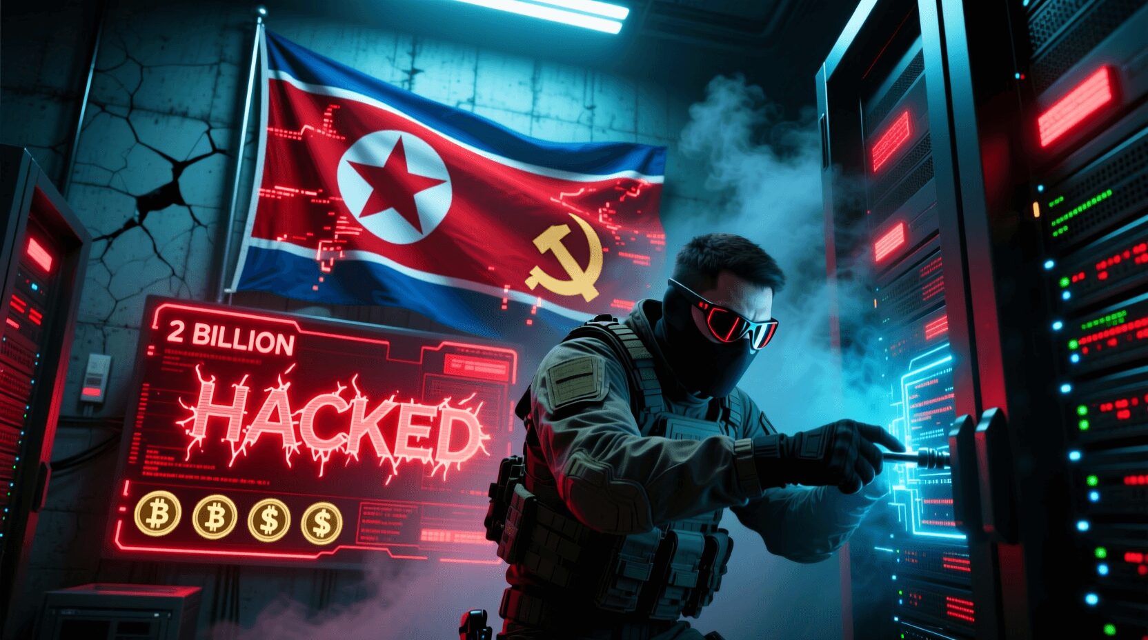 L'immagine mostra un simbolo con bandiera nordcoreana di hacker e di un hacker che ruba i dati.