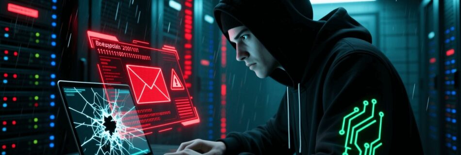 L'immagine mostra un hacker con accesso ad una vulnerabilità informatica su una email di giorgia meloni presidente del consiglio.