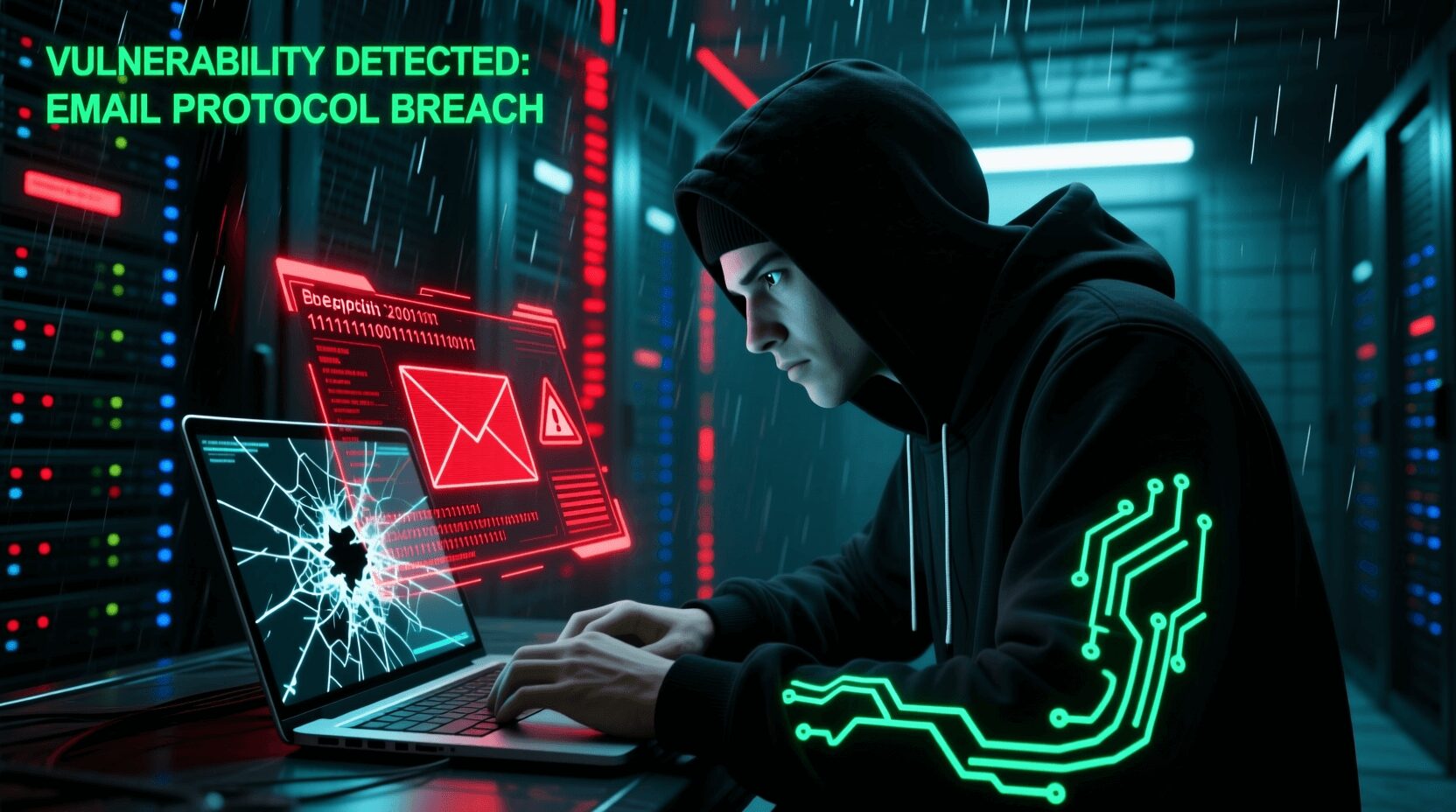 L'immagine mostra un hacker con accesso ad una vulnerabilità informatica su una email di giorgia meloni presidente del consiglio.