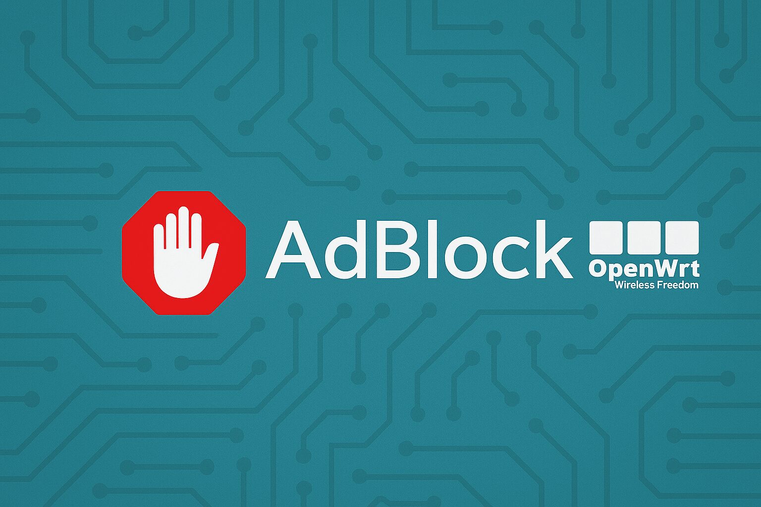 L'immagine mostra un logo di adblocker con una mano in stile stop e mostra logo openwrt.