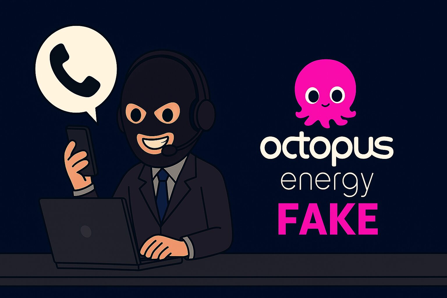 L'immagine mostra un truffatore che chiama da un call center spacciandosi per un operatore di energia chiamato Octupus Energy dichiarando di essere il servizio originale.