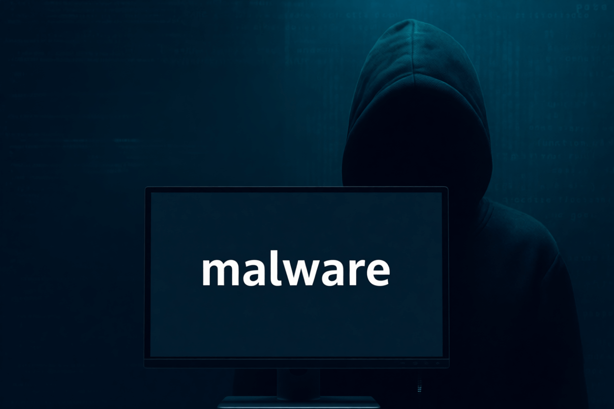 L'immagine mostra un cyber criminale con cui mostra una scritta con scritto malware.