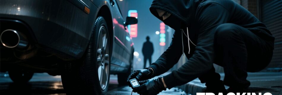 L'immagine mostra un ladro che installa sotto un veicolo un gps per monitorare la vittima.