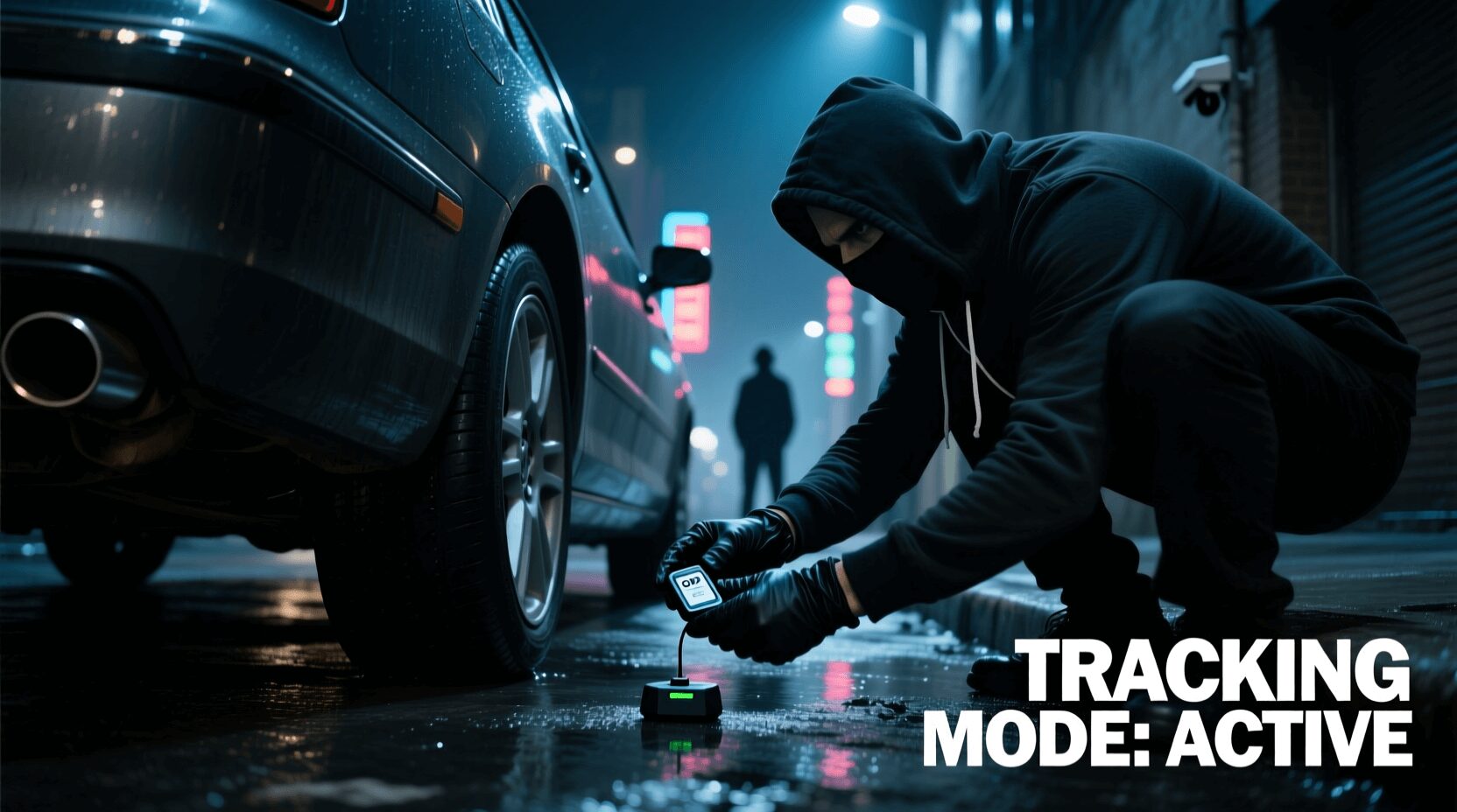 L'immagine mostra un ladro che installa sotto un veicolo un gps per monitorare la vittima.