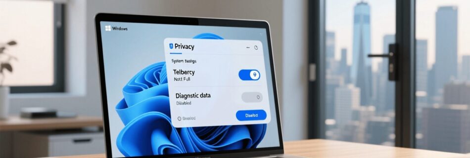 L'immagine mostra un notebook in modalita di impostazioni di sistema in grado di disattivare la telemetria e aumentare la privacy su windows