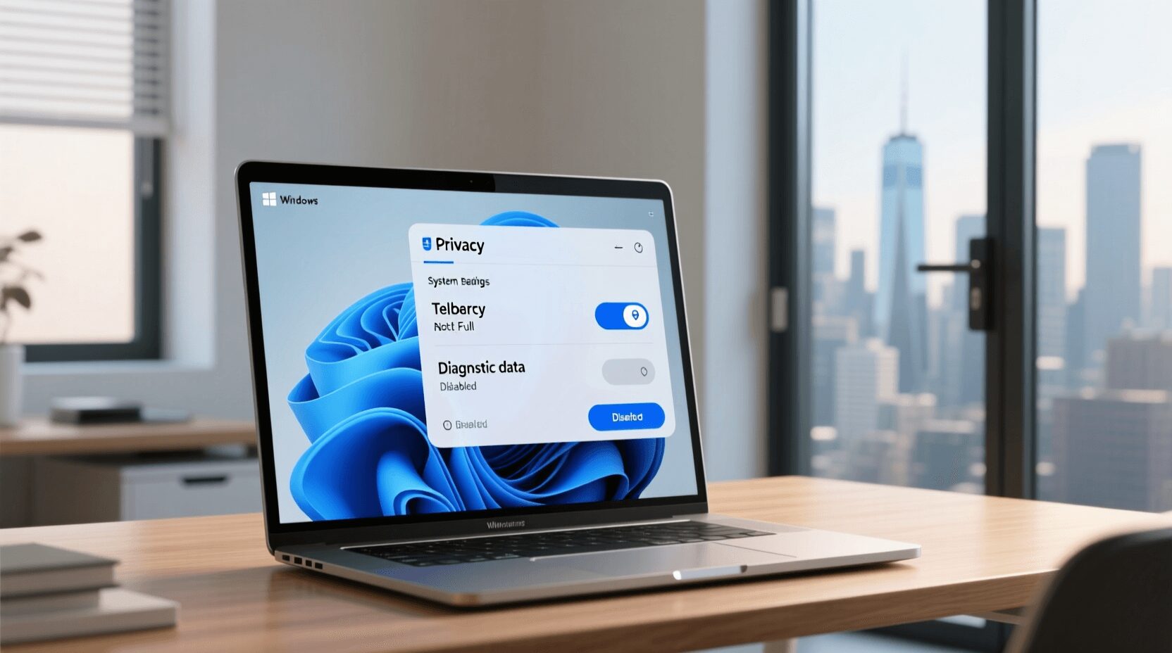 L'immagine mostra un notebook in modalita di impostazioni di sistema in grado di disattivare la telemetria e aumentare la privacy su windows