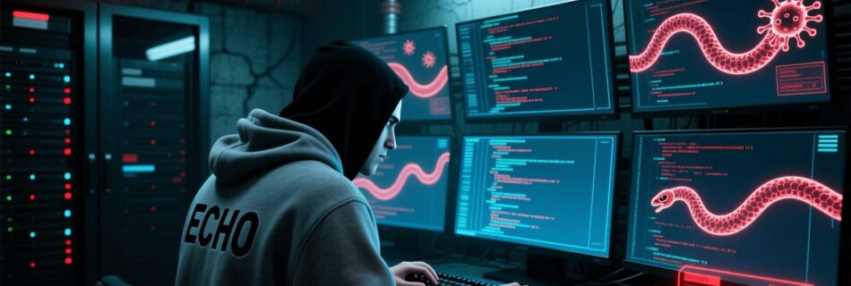 L'immagine mostra un hacker blackhat che genera worm virus infomatici al computer.