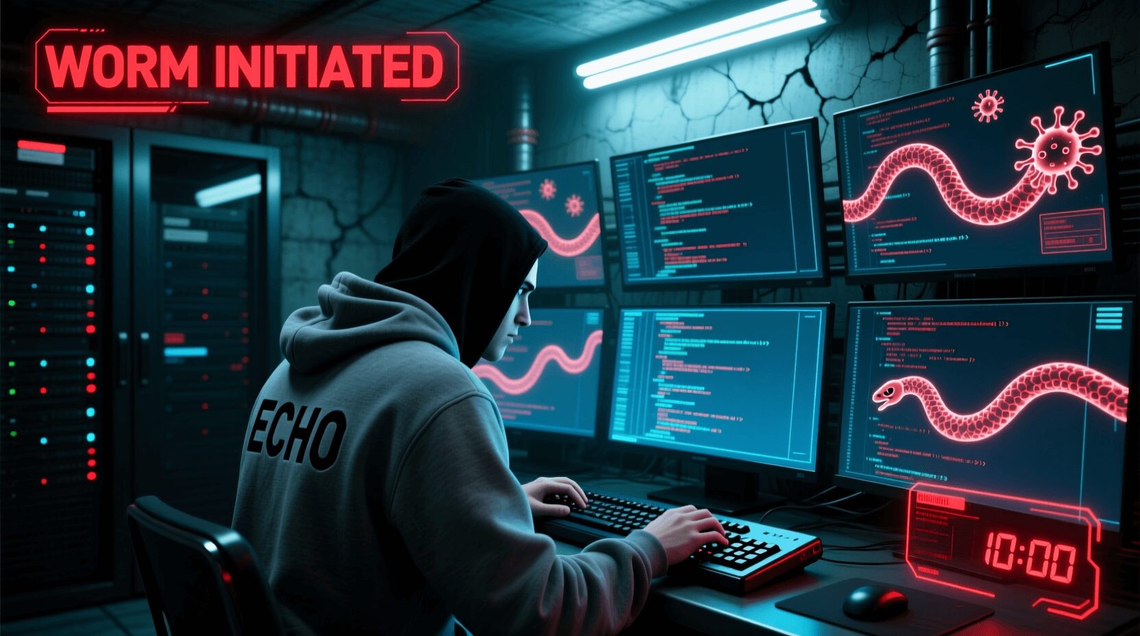 L'immagine mostra un hacker blackhat che genera worm virus infomatici al computer.