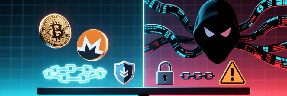 L'immagine mostra dei bitcoin e dei digital crime risk su queste monete digitali.