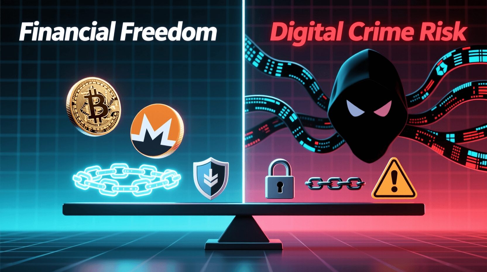 L'immagine mostra dei bitcoin e dei digital crime risk su queste monete digitali.