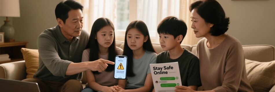 L'immagine mostra dei genitori che proteggono i propri figli minori da adescamenti malevoli online.