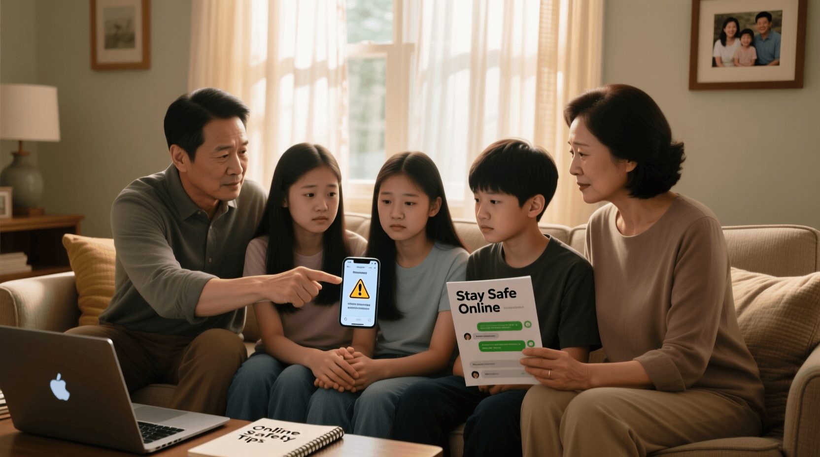 L'immagine mostra dei genitori che proteggono i propri figli minori da adescamenti malevoli online.