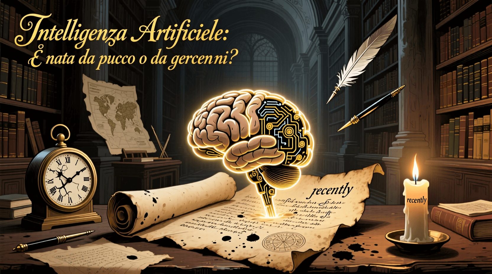 L'immagine mostra la foto di un cervello artificiale nell'epoca della storia di tutta la nascita della IA.