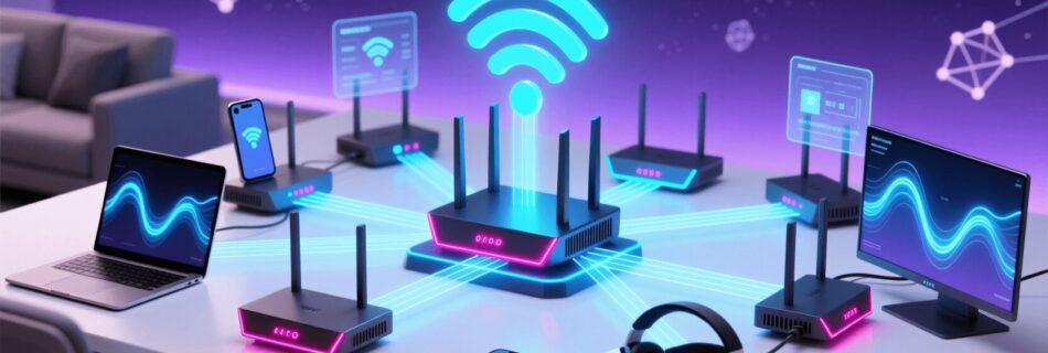L'imamgine mostra dei router connessi alla tecnologia wifi 7