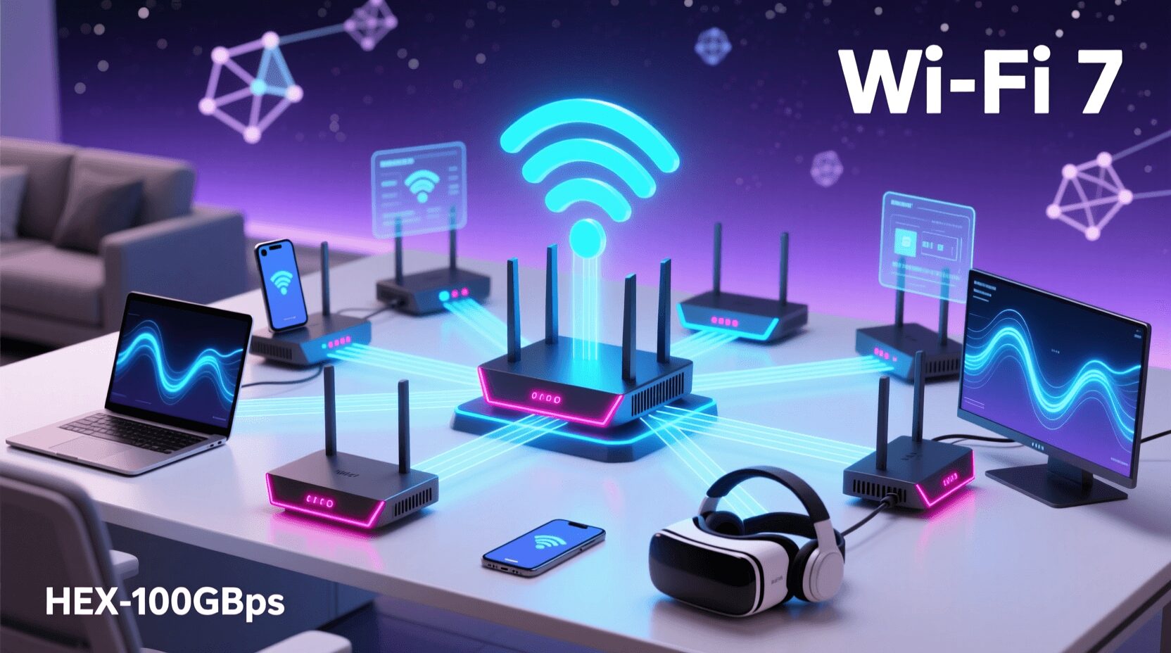 L'imamgine mostra dei router connessi alla tecnologia wifi 7