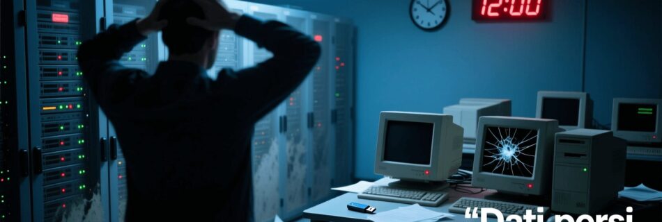 L'immagine mostra il dipendente di un azienda che ha perso tutti i dati a causa di mancati backup aziendali.