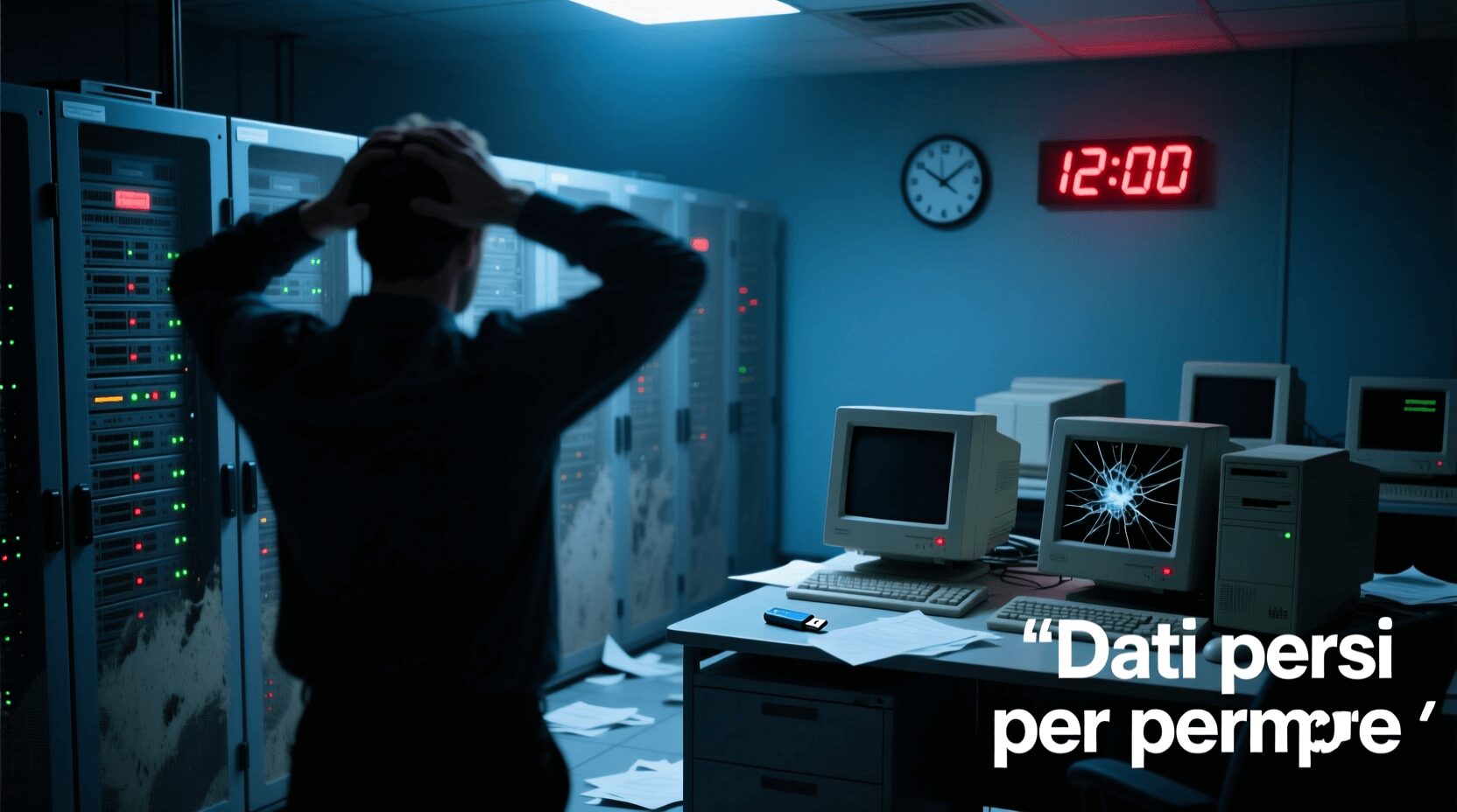 L'immagine mostra il dipendente di un azienda che ha perso tutti i dati a causa di mancati backup aziendali.