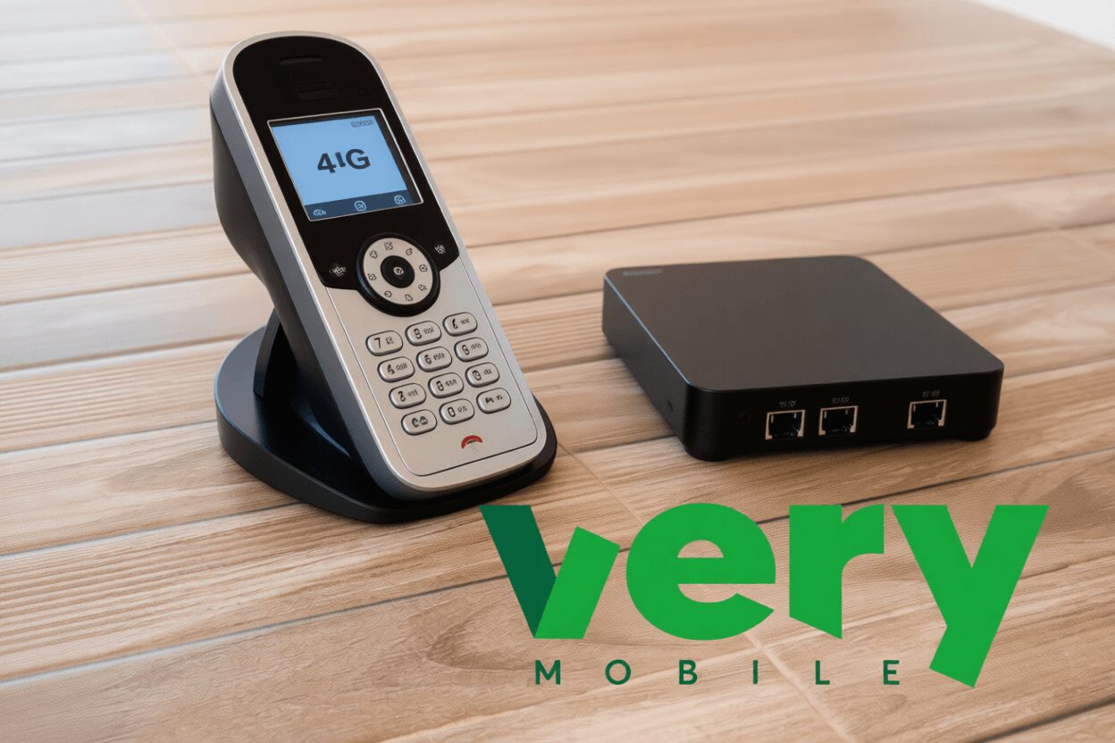 L'immagine mostra un cordless telefono fisso e mobile con un router 4g e 5G compatibile con volte con sim very mobile