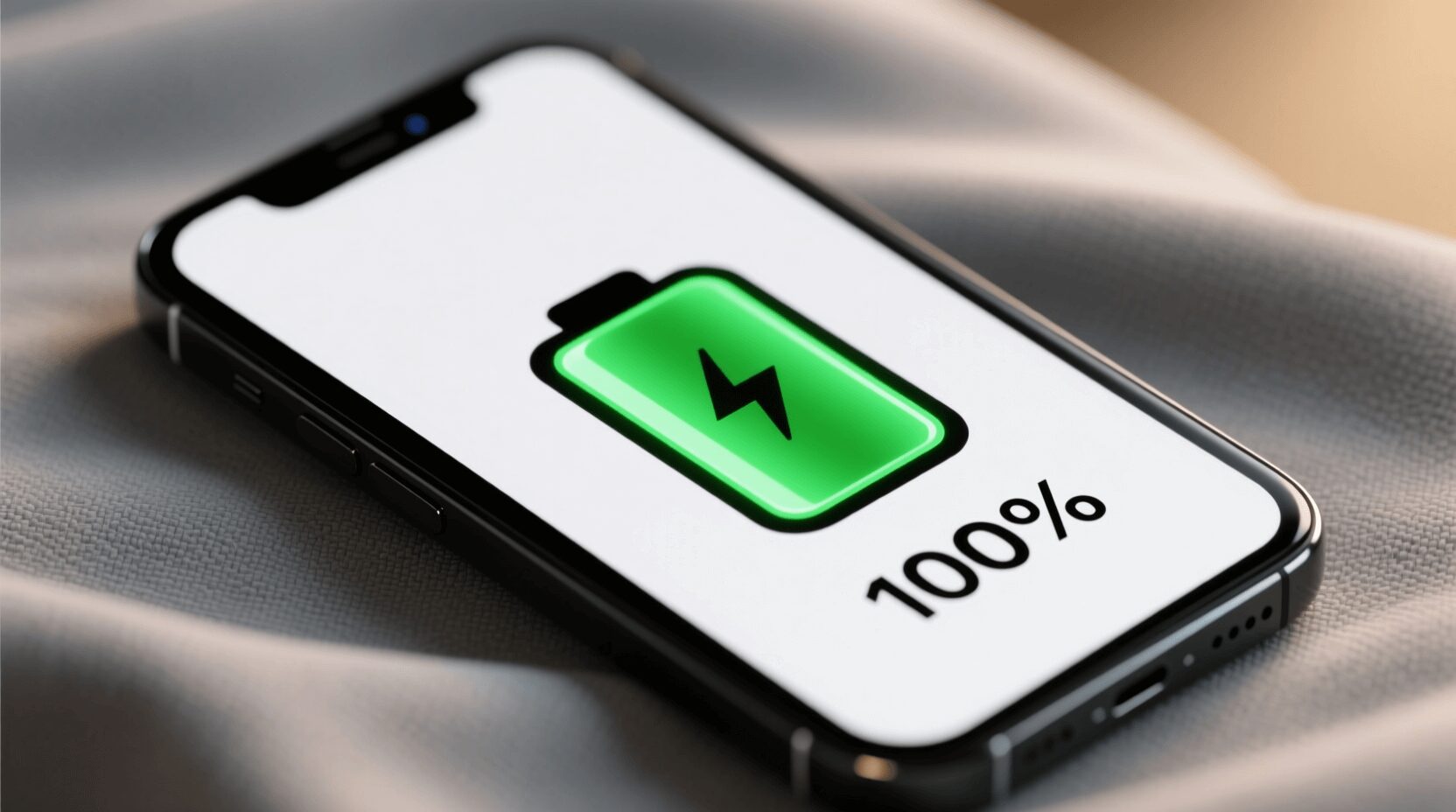 L'immagine mostra uno smartphone con una durata della batteria al 100% in maniera performante