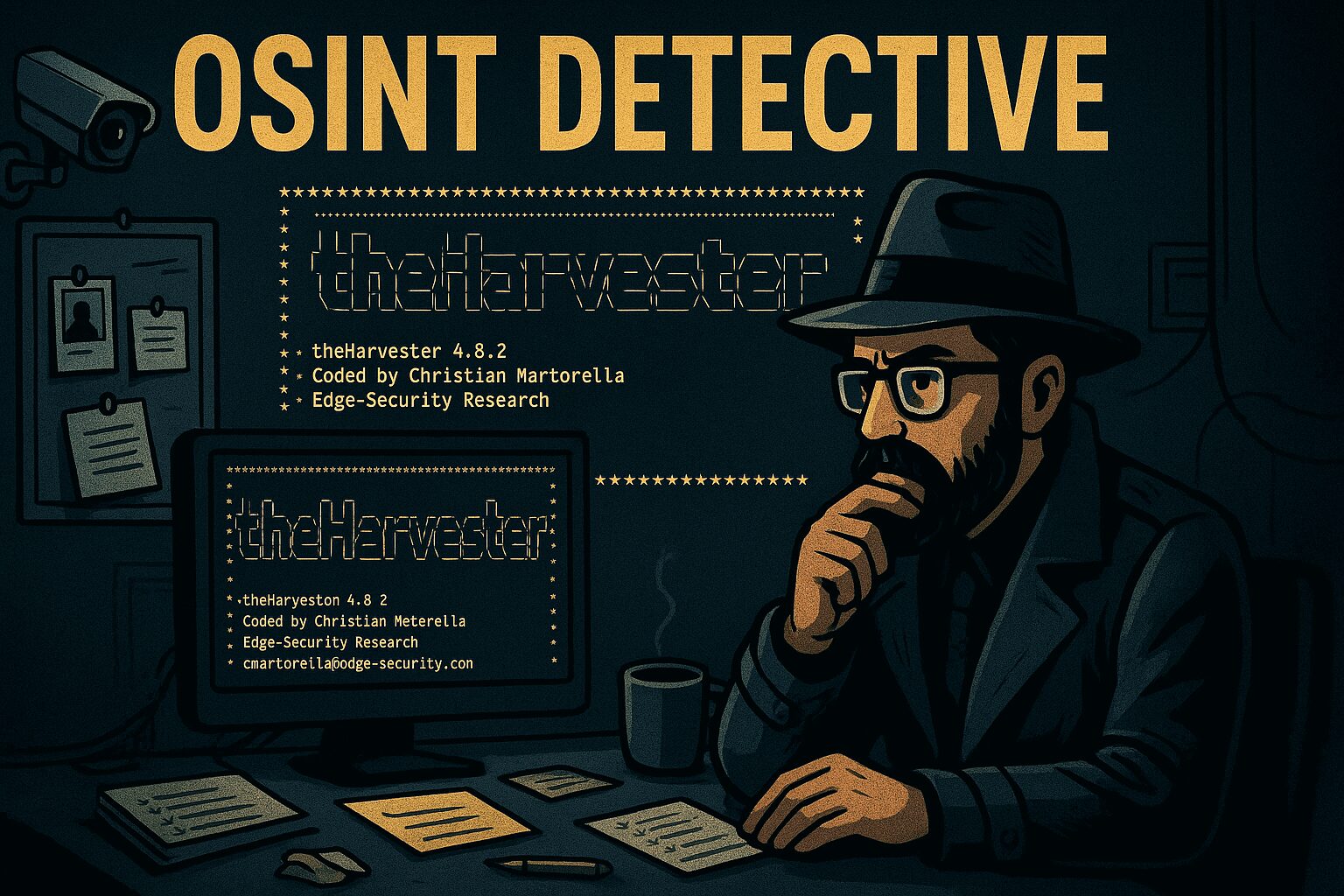 L'immagine mostra l'osint di un detective al computer seduto in una scrivania.