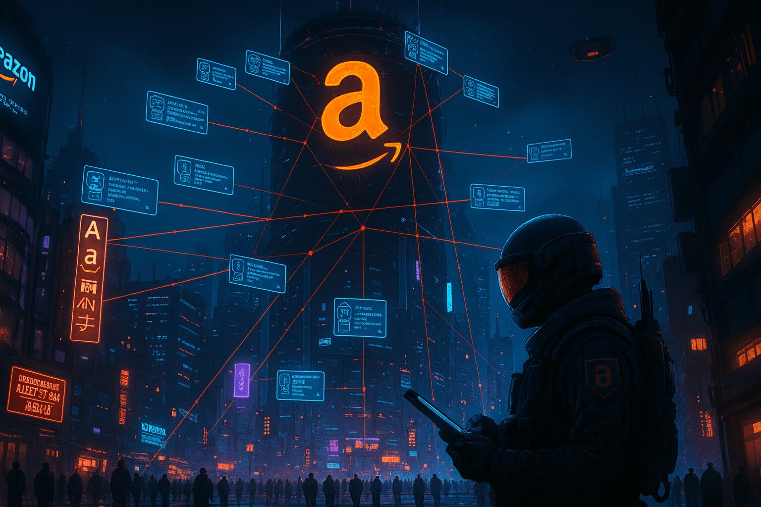 L'immagine mostra Amazon ha avviato una campagna aggressiva per diffondere strumenti di sorveglianza basati su intelligenza artificiale tra le forze speciali e di polizia.