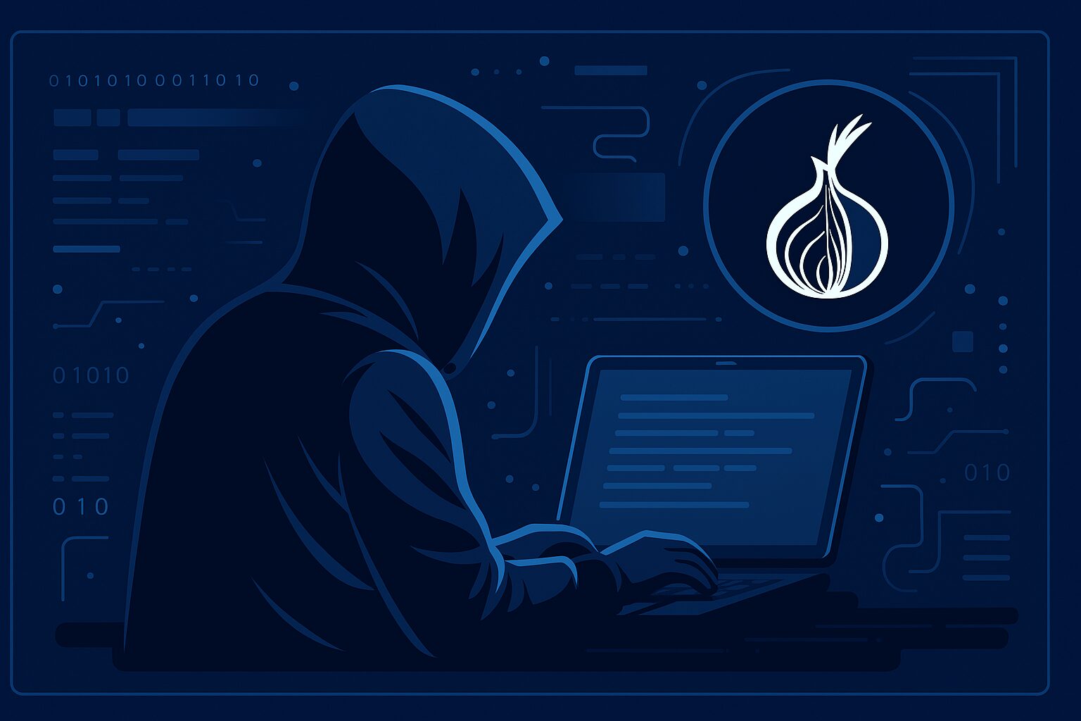 L'immagine mostra un hacker al computer mentre usa il sistema tor per accedere a breach forum,