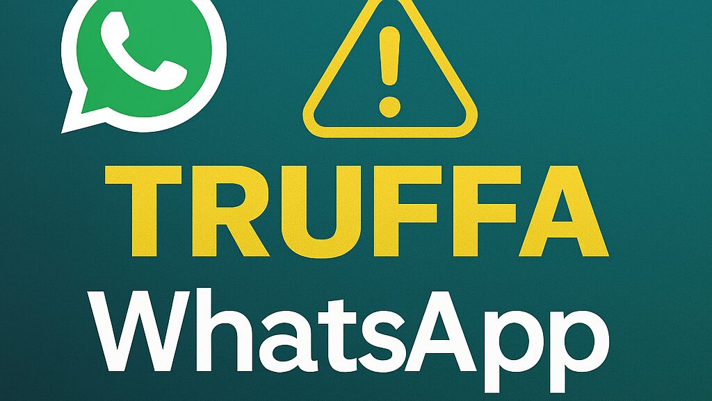 L'immagine mostra un logo whatsapp con scritto truffa whatsapp nel caso dell'attenzione della condivisione schermo.