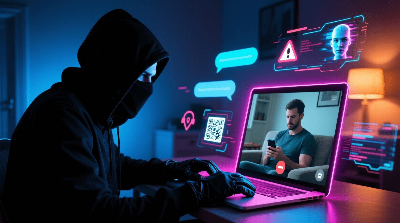 L'immagine mostra un blackhat hacker che cerca attraverso un attacco di social engineering di ingannare la persona ignara e di conseguenza la persona diventa vittima