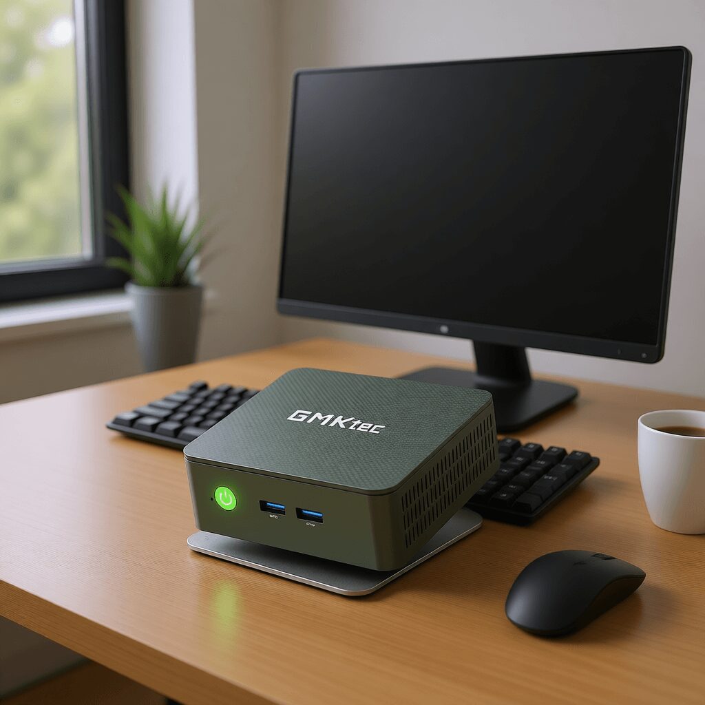 L'immagine mostra una scrivania con tastiera e monitor e un mini pc in primo piano marchiato gmktec.