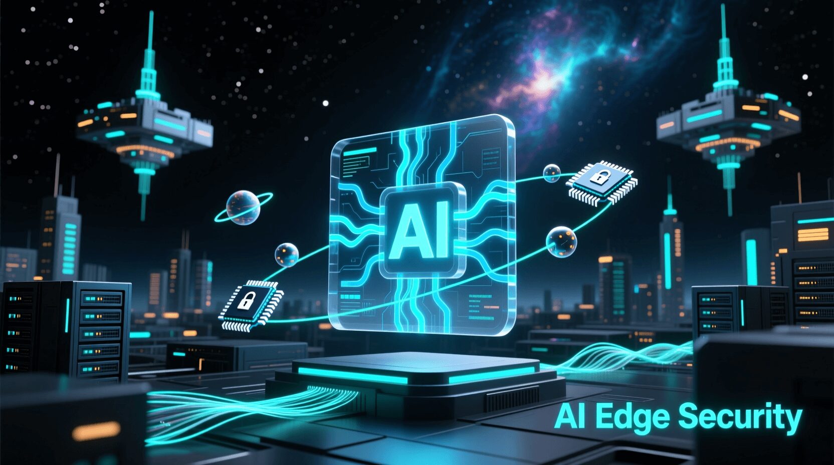 L'immagine mostra un wallpaper su cybersecurity intelligenza artifiicale e edge computing