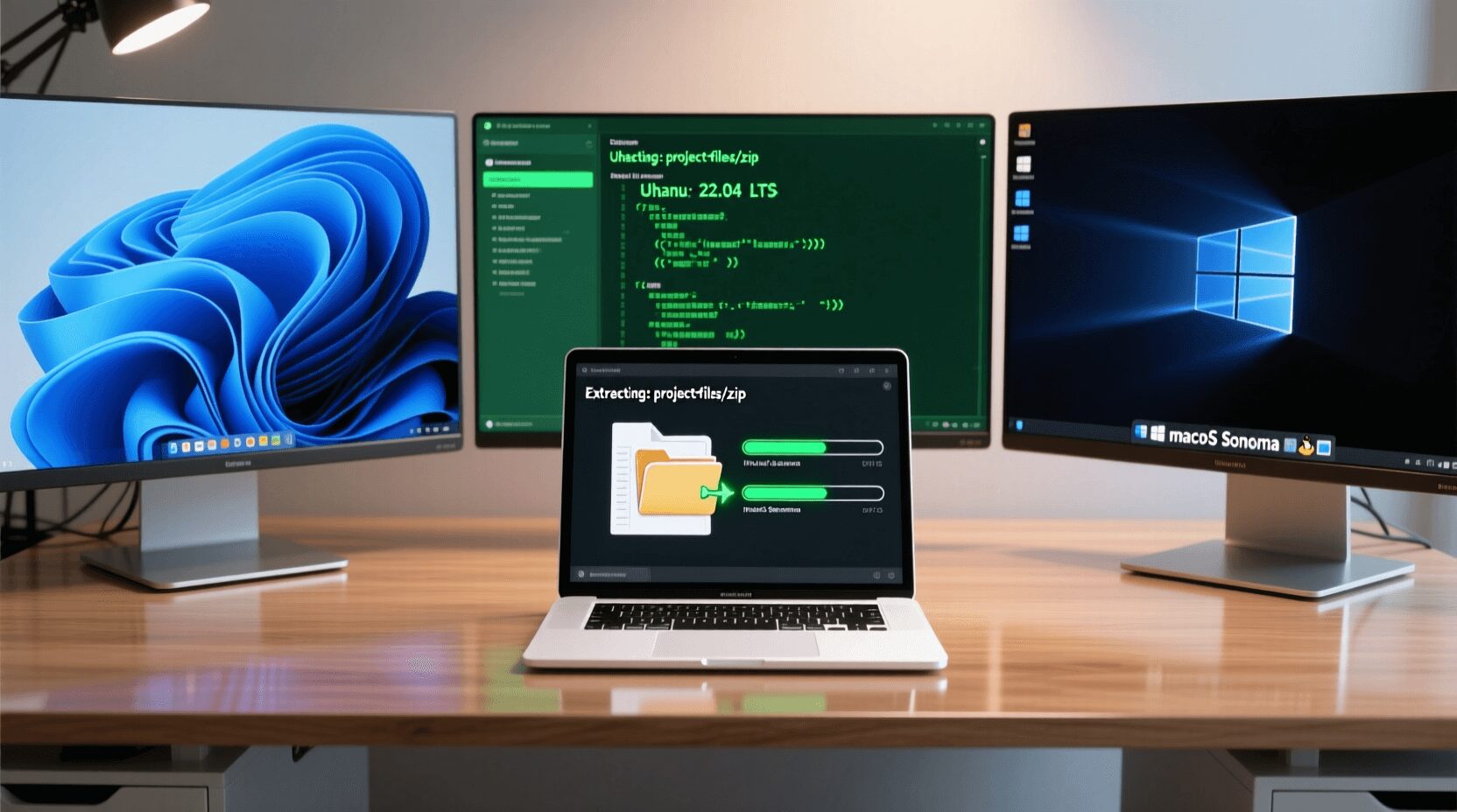 L'immagine mostra 3 monitor e un computer con archivio zip
