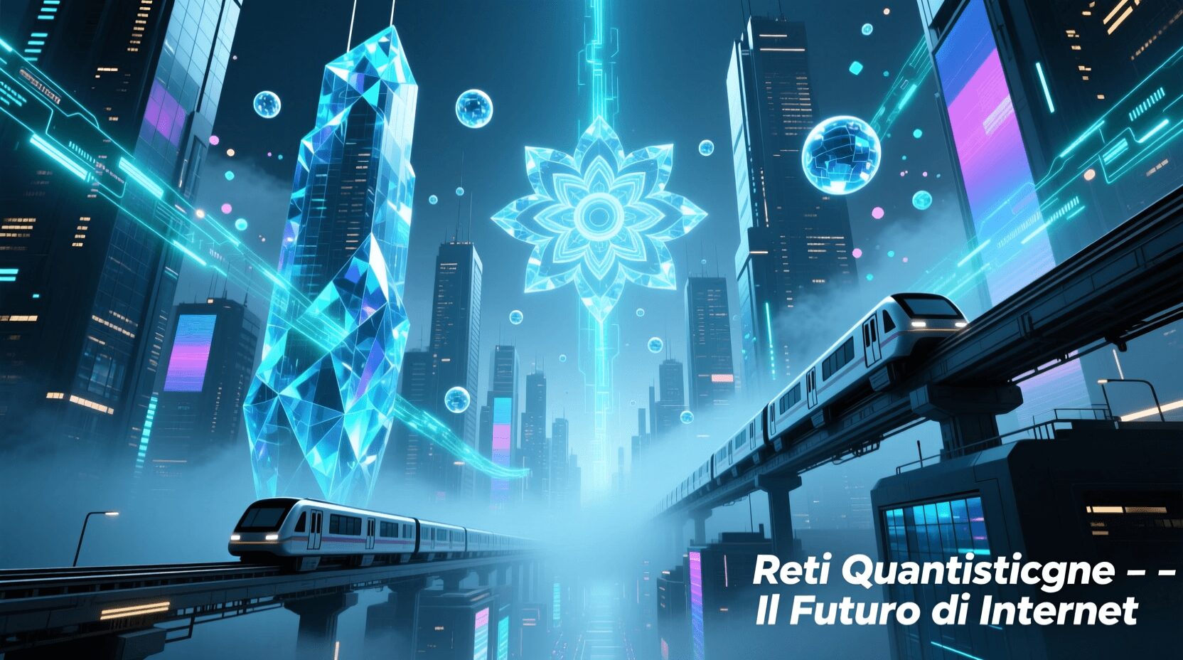 L'immagine mostra una scena di una città in mezzo alle reti quantistiche del futuro.