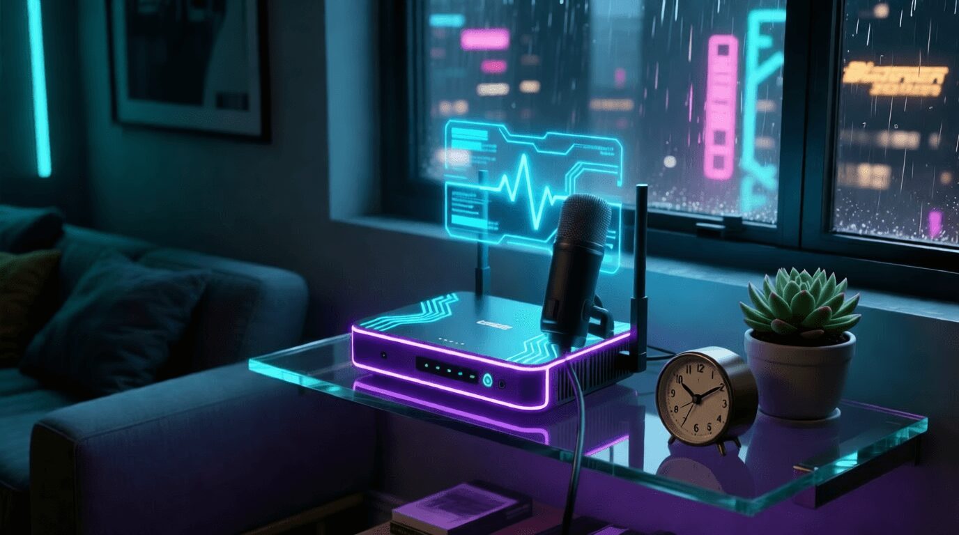 L'immagine mostra un router con un microfono in ascolto attaccato al router.