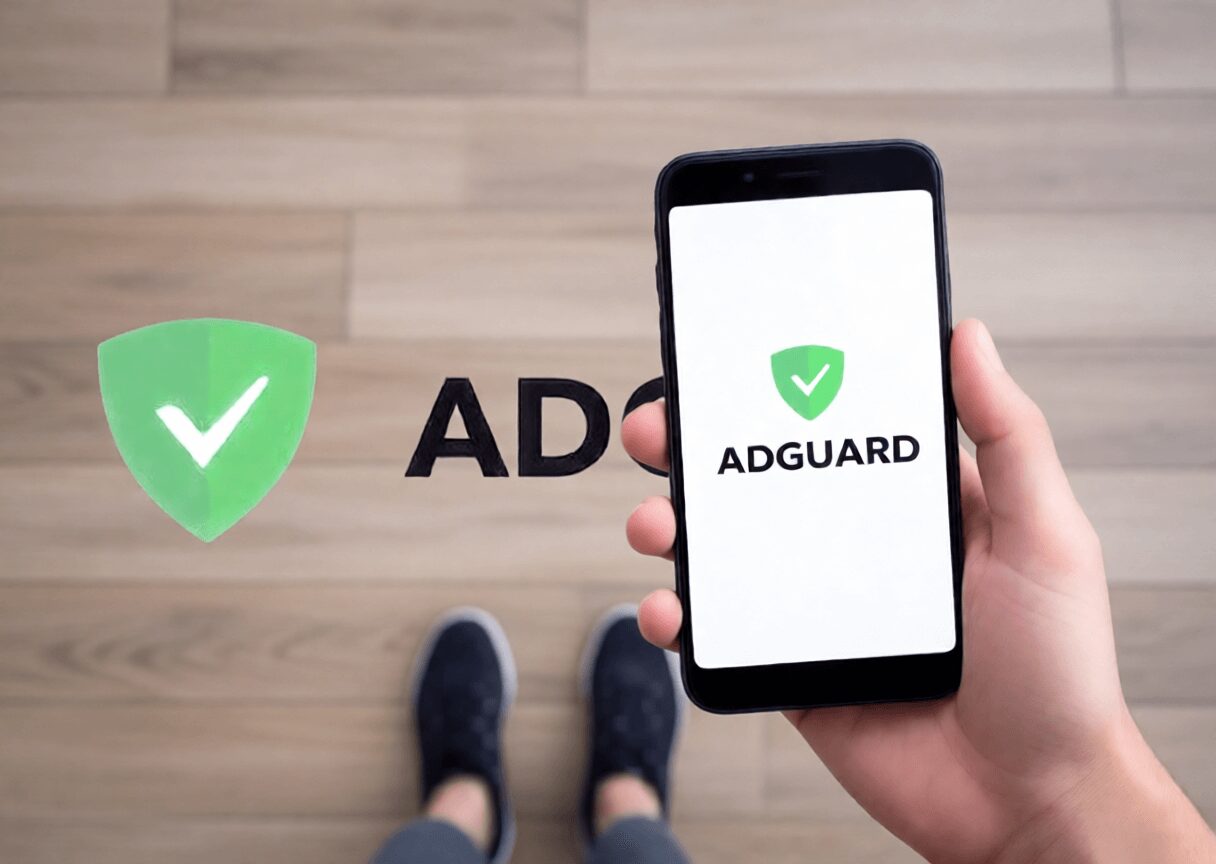 L'immagine mostra una persona con in mano uno smartphone con adguard impostato.