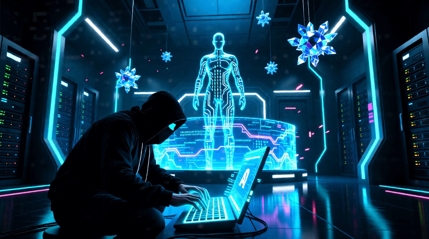 L'immagine mostra un hacker blackhat che attacca i sistemi informatici mentre l'intelligenza artificiale li difende.