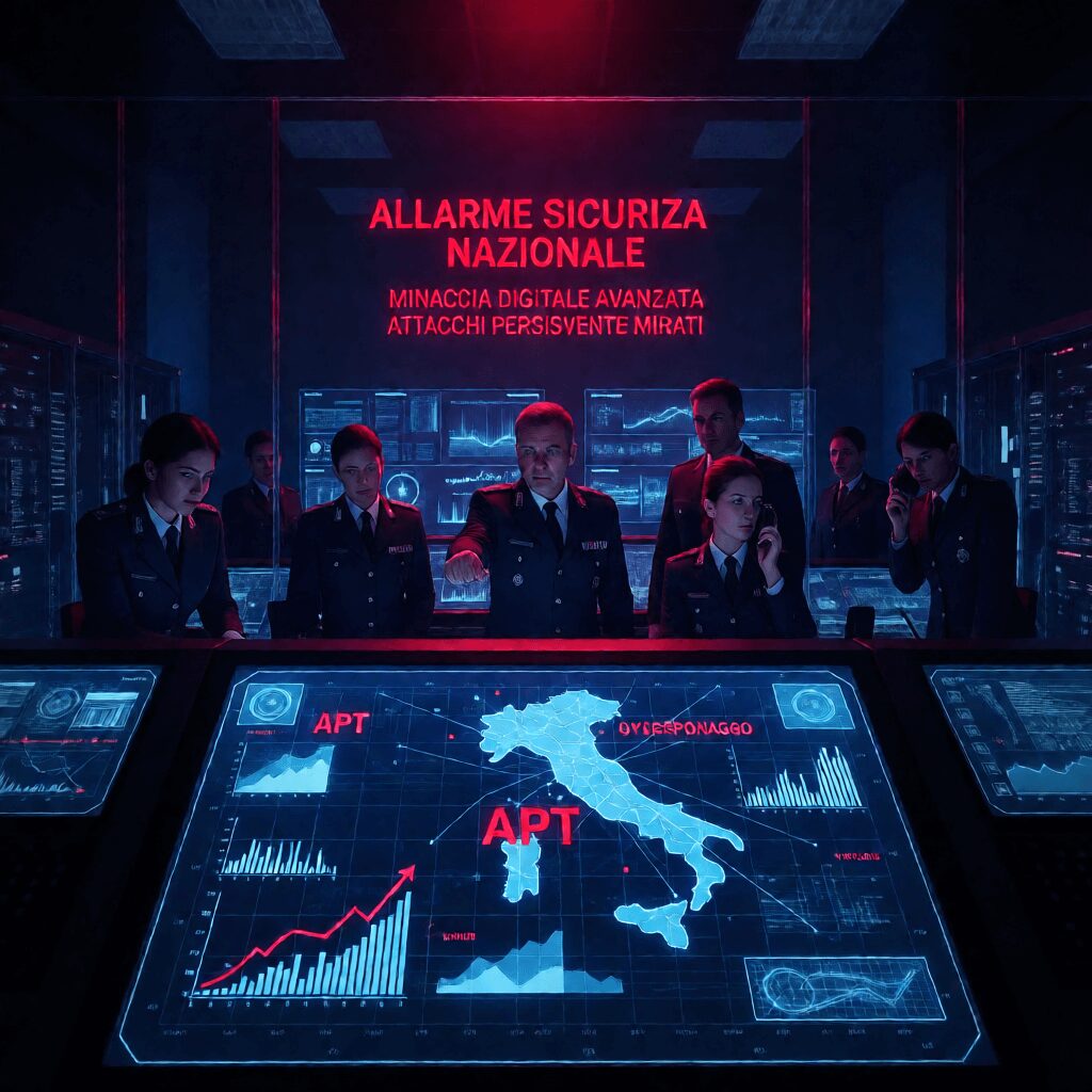 L'immagine mostra un allarme di sicurezza nazionale su tutta la nazione sui sistemi apt e cybersecurity.