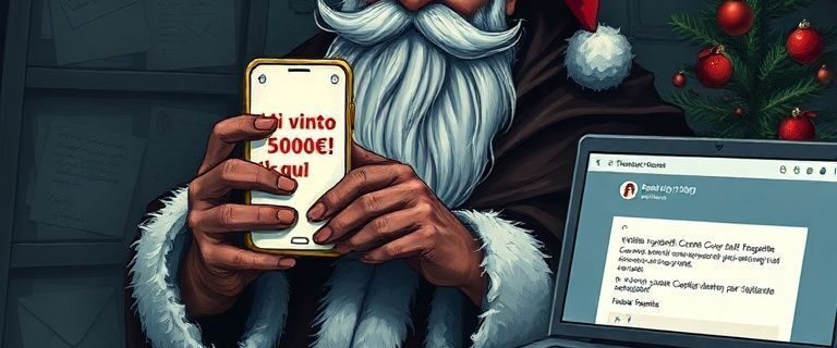 L'immagine mostra un babbo Natale criminale che mostra le truffe che fa via Phishing sia sms che email