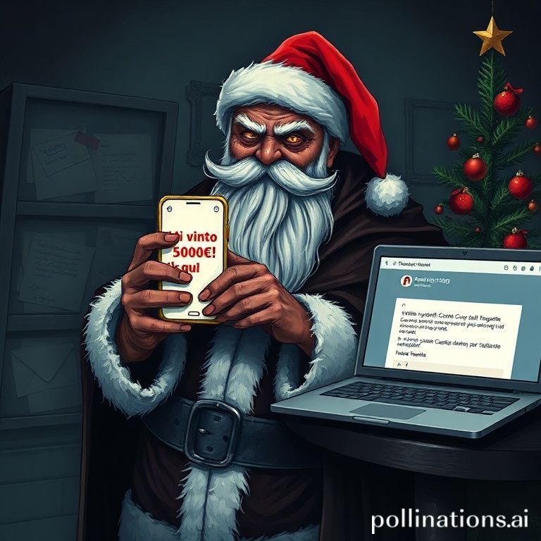 L'immagine mostra un babbo Natale criminale che mostra le truffe che fa via Phishing sia sms che email