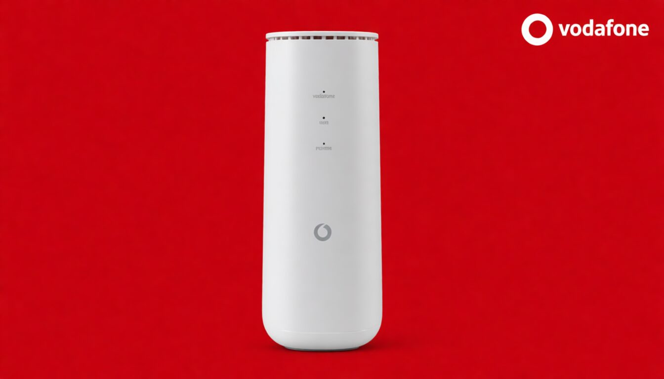 L'immagine mostra lo sfondo rosso classico di vodafone con il suo logo e un router 4g+ zte mf289f