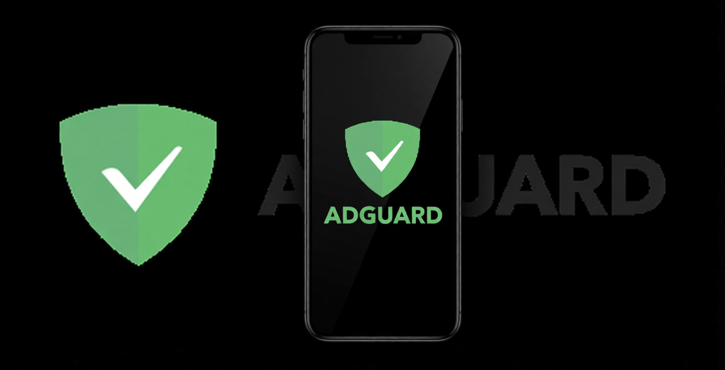 L'immagine mostra uno smartphone con logo adguard incluso nello smartphone.