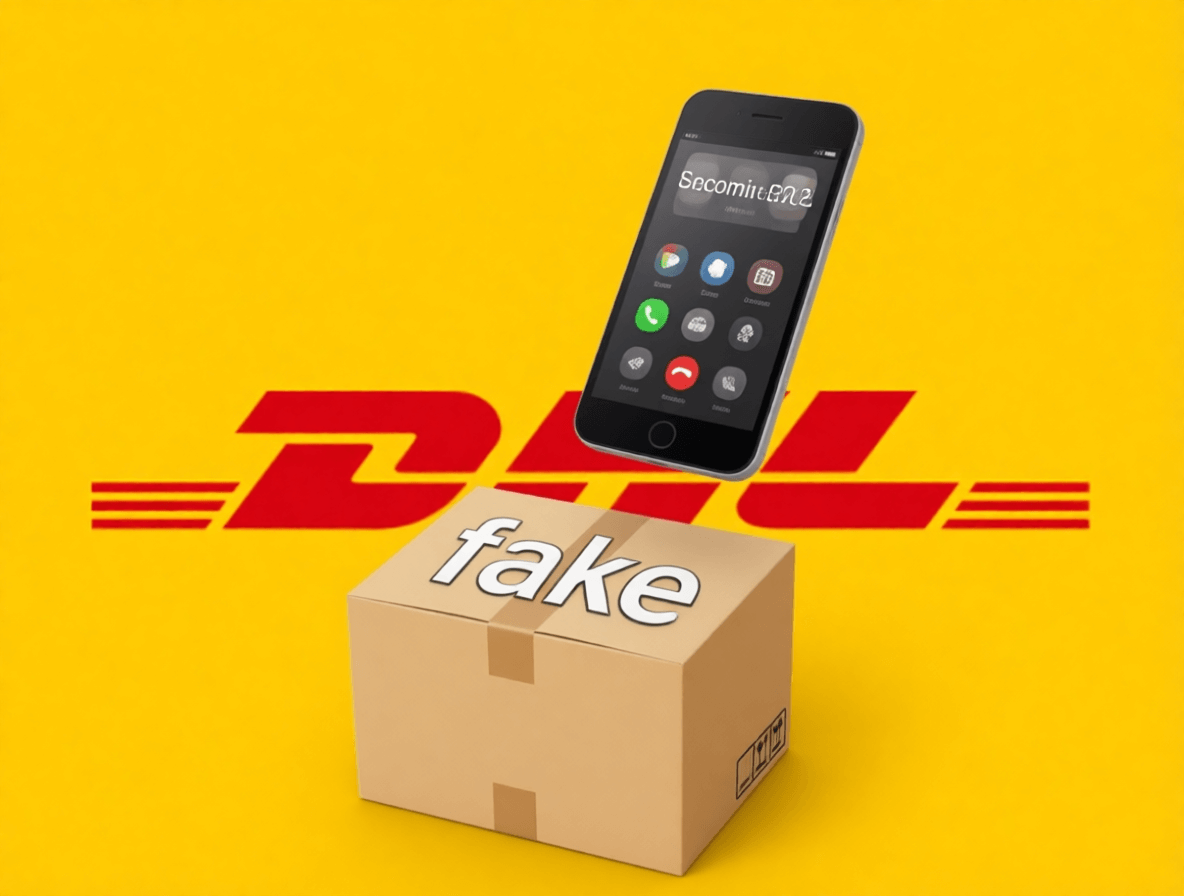 L'immagine mostra un pacco falso e uno smartphone acceso con logo di dhl falso.