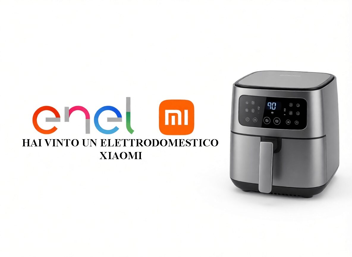 L'immagine mostra il logo enel ufficiale con logo xiaomi con friggitriece ad aria vinta ma è una truffa informatica.