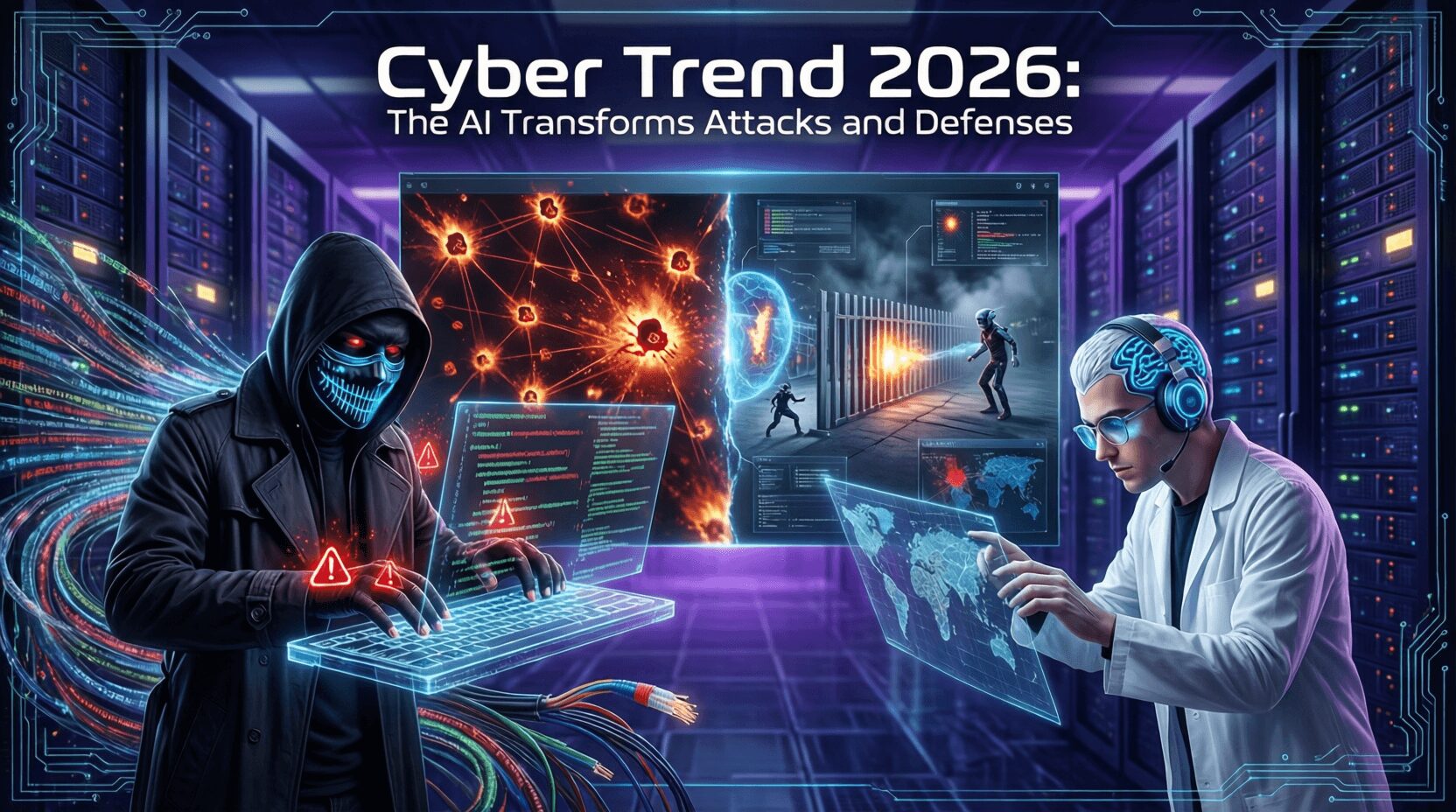 L'immagine mostra due hacker uno black hat e l'altro white hat che si sfidano con il cyber trend 2026