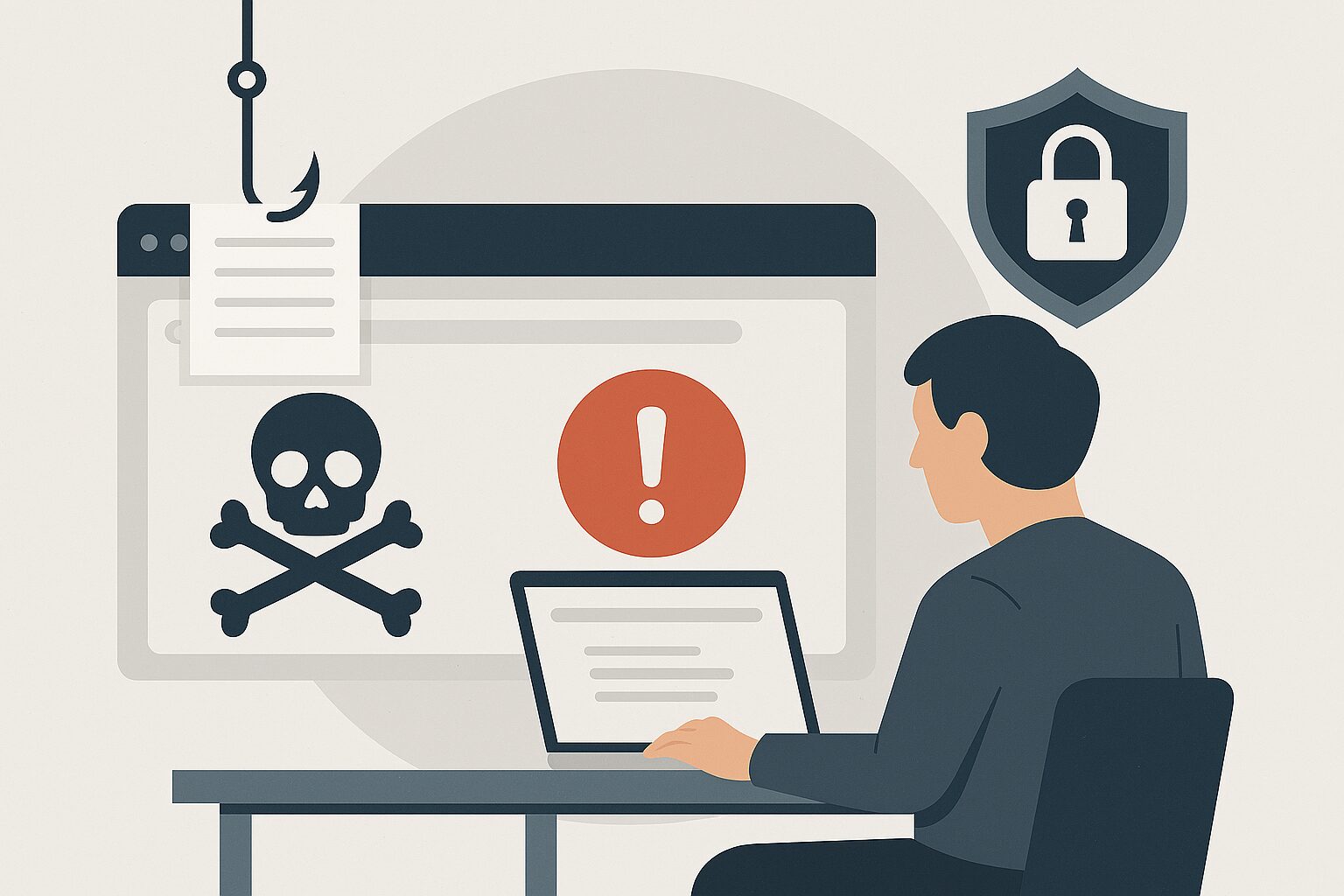 L'immagine mostra un tentativo di phishing alla persona seduta al computer e che la persona tenta di analizzare la mail truffa.