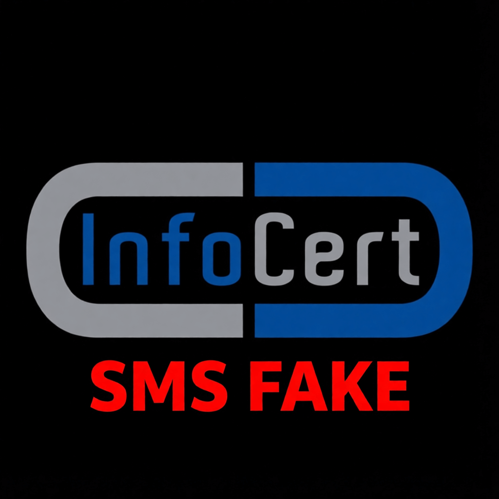 L'immagine mostra un logo di infocert con la scritta sms fake ricevuto dalla truffa via sms.