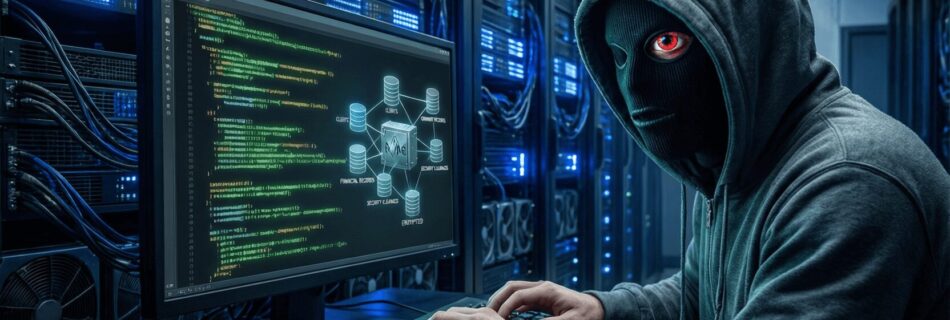 L'immagine mostra un hacker con maschera che viola un databreanch nel 2026