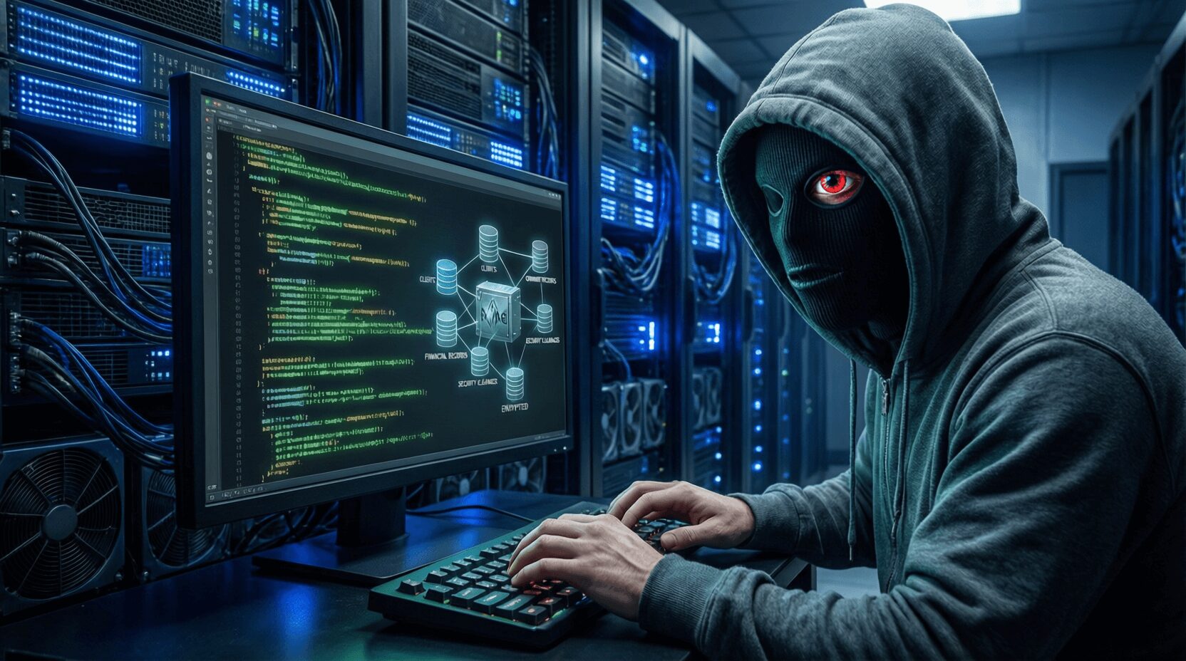 L'immagine mostra un hacker con maschera che viola un databreanch nel 2026