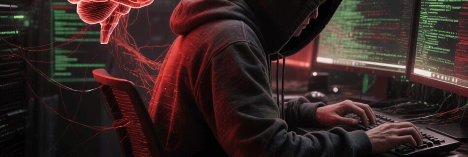 L'immagine mostra un hacker che tenta di violare i sistemi e che sfrutta l'intelligenza artifiiciale per compromettere il sistema.