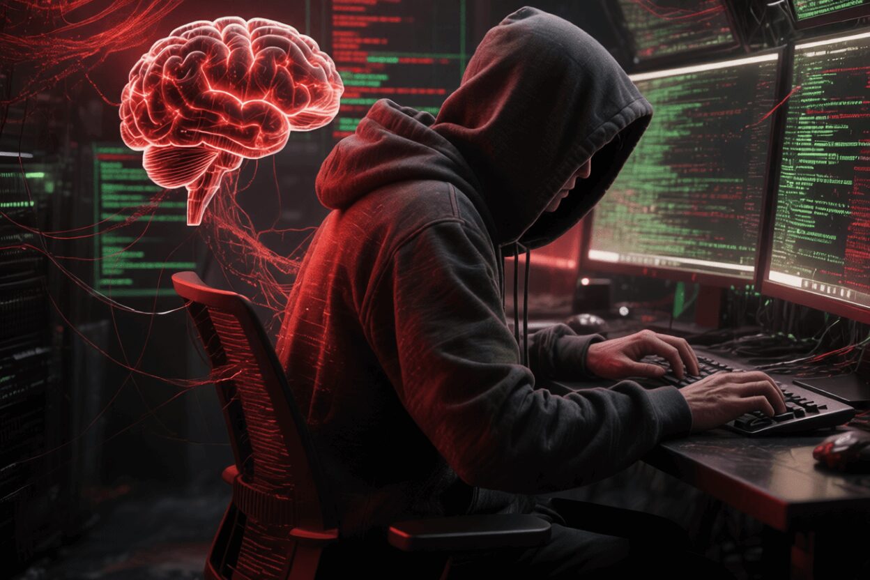 L'immagine mostra un hacker che tenta di violare i sistemi e che sfrutta l'intelligenza artifiiciale per compromettere il sistema.